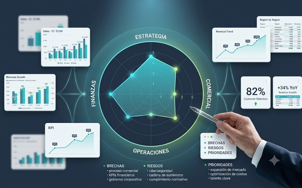 Dashboard de diagnóstico empresarial con radar de 4 ejes: estrategia, comercial, operaciones y finanzas.